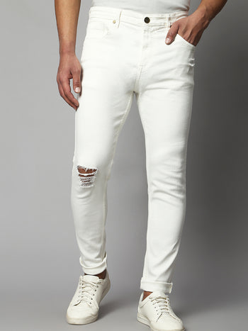 Men's Slim Fit Stretchable Denim Solid Jeans (White)