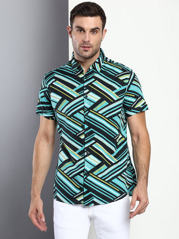 Men's Abstract Print Green Slim Fit Rayon Casual Shirt With Spread Collar & Half Sleeves