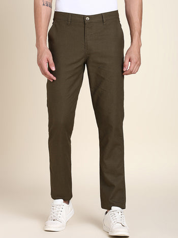 Men's Dark Olive Solid Linen Trouser