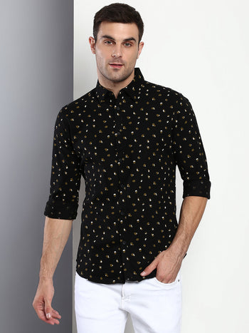 Men's Polka Dot Black Slim Fit Cotton Casual Shirt With Spread Collar & Full Sleeves