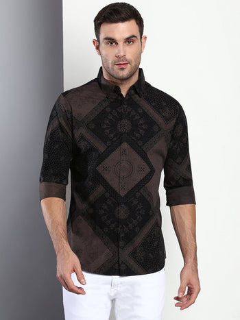 Men's Abstract Print Black Slim Fit Cotton Casual Shirt With Spread Collar & Full Sleeves