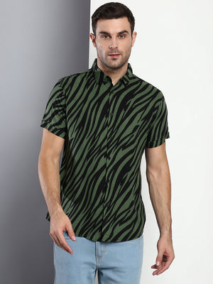 Dennis Lingo Men's Animal Print Green Slim Fit Rayon Casual Shirt With Spread Collar & Half Sleeves