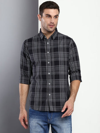 Men's Checkered Black Slim Fit Cotton Casual Shirt With Spread Collar & Full Sleeves