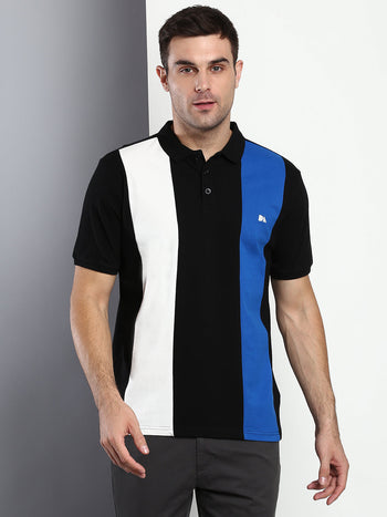 Men's Casual Slim Fit T-Shirt Half Sleeves Polo Neck Color Blocked Pure Cotton T-Shirt