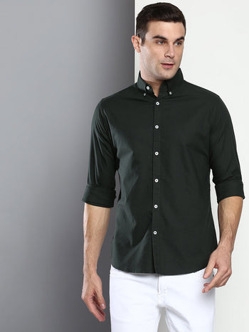 Men's Solid Slim Fit Cotton Oxford Casual Shirt With Button-Down Collar & Full Sleeves