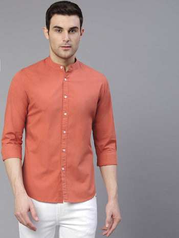 Men's Solid Chinese Collar Dusty Orange Casual Shirt