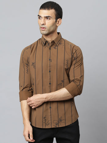 Men's Striped Brown Slim Fit Cotton Casual Shirt