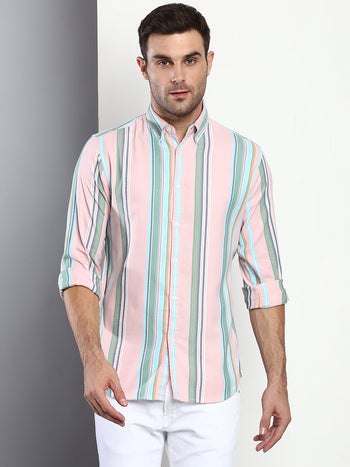 Men's Striped Pink Slim Fit Cotton Casual Shirt With Button Down Collar & Full Sleeves