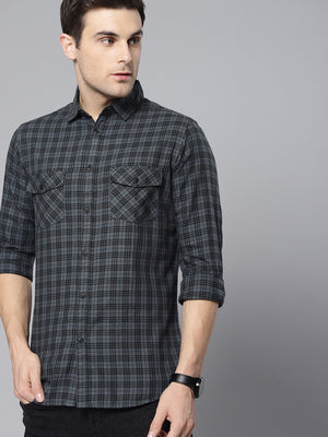 Dennis Lingo Men's Small Checkered Slim Fit Casual Shirt (Grey)