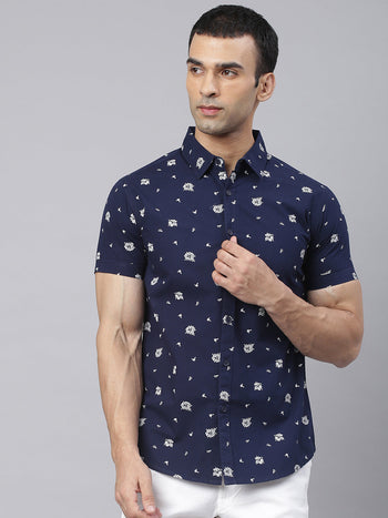 Men's Floral Prints Slim Fit Half Sleeves Shirts (Navy)