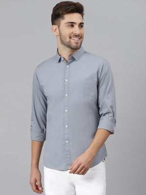 Dennis Lingo Men's Solid Sea Blue Slim Fit Cotton Casual Shirt