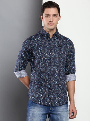 Men's Printed Navy Slim Fit Satin Casual Shirt With Spread Collar & Full Sleeves