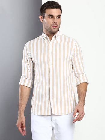 Men's Striped Beige Slim Fit Cotton Casual Shirt With Button Down Collar & Full Sleeves