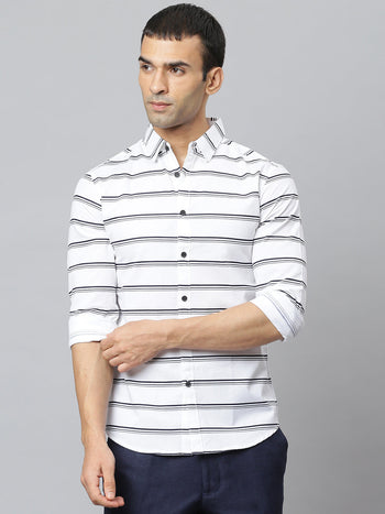 Men's Striped White Slim Fit Cotton Casual Shirt