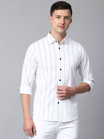 Men's Striped White Slim Fit Casual Shirt With Spread Collar