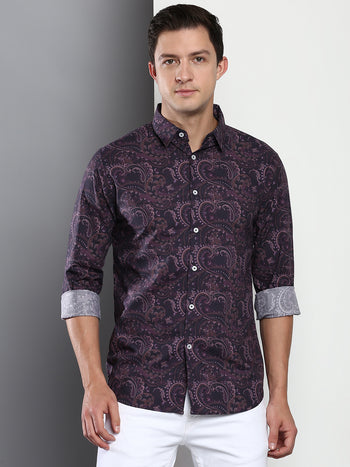 Men's Printed Burgundy Slim Fit Satin Casual Shirt With Spread Collar & Full Sleeves