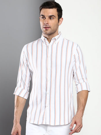 Men's Striped White Slim Fit Oxford Cotton Casual Shirt With Button Down Collar & Full Sleeves (C9041_White_S)