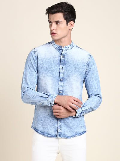 Buy Dennis Lingo Men's Embellished Blue Slim Fit Casual Shirt with Spread  Collar (Small) (C9052_Blue_S) at