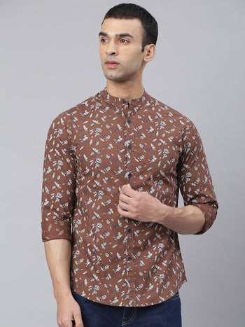 Men's Floral Prints Mandarin Collar Full Sleeves Slim Shirt (Brown)