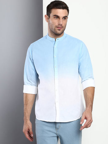 Men's Ombre Sky Blue Slim Fit Cotton Casual Shirt With Mandarin Collar & Full Sleeves