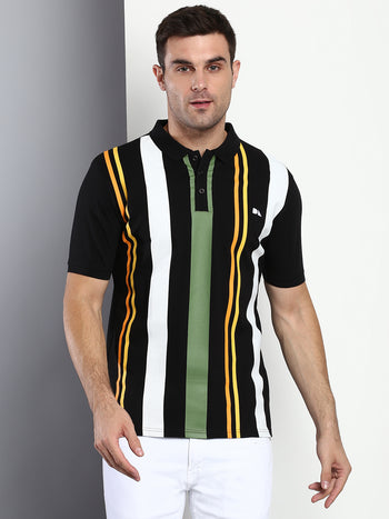 Men's Casual Slim Fit Polo Neck T-Shirt Half Sleeves Striped Pure Cotton T-Shirt