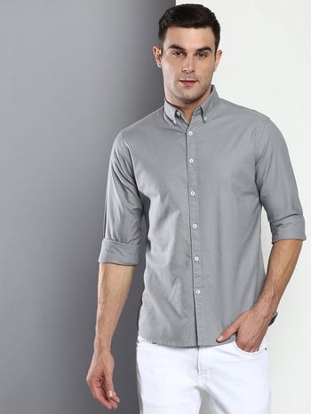 Men's Solid Slim Fit Cotton Oxford Casual Shirt With Button-Down Collar & Full Sleeves