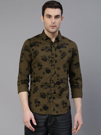 Men's Floral Printed Slim Fit Casual Shirt (Olive)