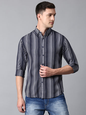 Men's Striped Navy Slim Fit Casual Shirt With Button Down