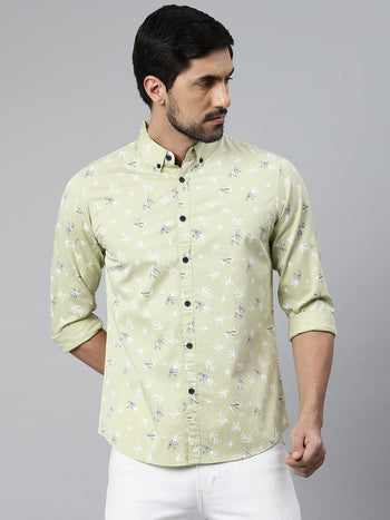 Men's Cotton Floral Print Green Slim Fit Casual Shirt