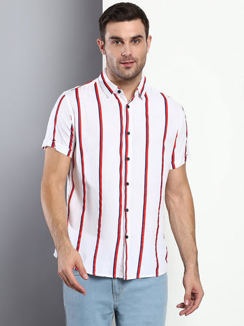 Men's Striped White Slim Fit Rayon Casual Shirt With Spread Collar & Half Sleeves