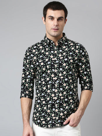 Men's Cotton Printed Black Slim Fit Casual Shirt