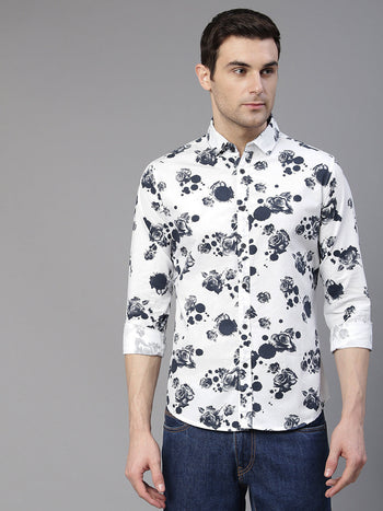 Men's Floral Printed Slim Fit Casual Shirt (White)