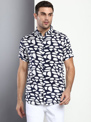 Men's Printed Navy Slim Fit Rayon Casual Shirt With Spread Collar & Half Sleeves