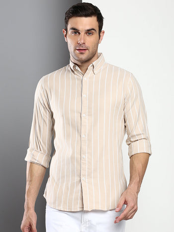 Men's Striped Beige Slim Fit Oxford Cotton Casual Shirt With Button Down Collar & Full Sleeves (C9040_Beige_S)