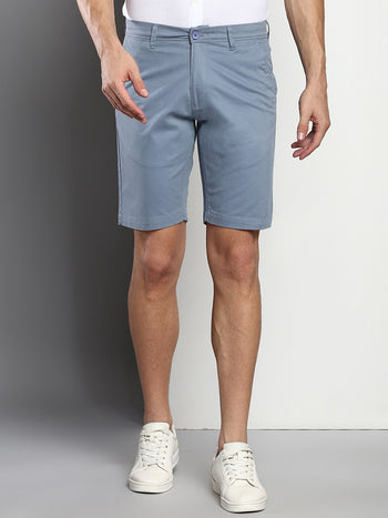 Men's Steel Blue Slim Fit Mid Rise Casual Cotton Shorts