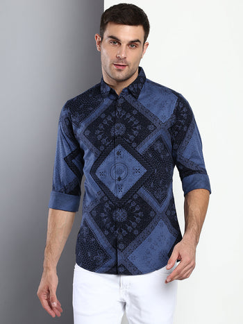 Men's Abstract Print Navy Slim Fit Cotton Casual Shirt With Spread Collar & Full Sleeves