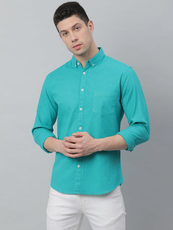 Men's Solid Button Down Collar Casual Shirt (Cyan)