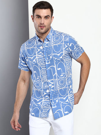 Men's Geometric Print Blue Slim Fit Rayon Casual Shirt With Spread Collar & Half Sleeves