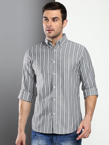 Men's Striped Black Slim Fit Oxford Cotton Casual Shirt With Button Down Collar & Full Sleeves (C9039_Black_S)