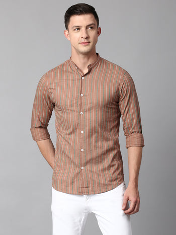 Men's Striped Brown Slim Fit Casual Shirt With Mandarin Collar