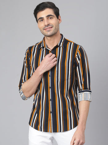 Men's Striped Mustard Slim Fit Cotton Casual Shirt