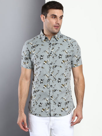 Men's Floral Dusty Teal Slim Fit Cotton Casual Shirt With Spread Collar & Half Sleeves