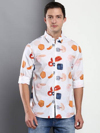 Men's Printed White Slim Fit Satin Casual Shirt With Spread Collar & Full Sleeves