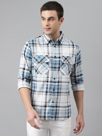 Men's Single Patch Pocket Checkered Slim Fit Cotton Casual Shirt