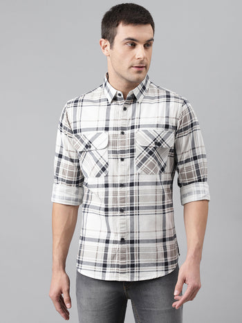 Men's Two Flap Pocket Checkered Slim Fit Cotton Casual Shirt