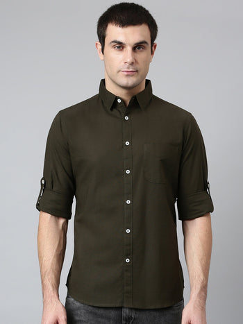 Men's Cotton Solid Olive Slim Fit Casual Shirt