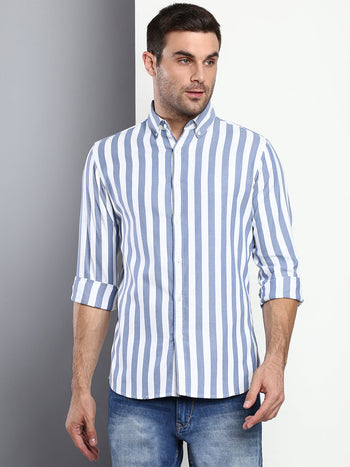 Men's Striped Blue Slim Fit Cotton Casual Shirt With Button Down Collar & Full Sleeves