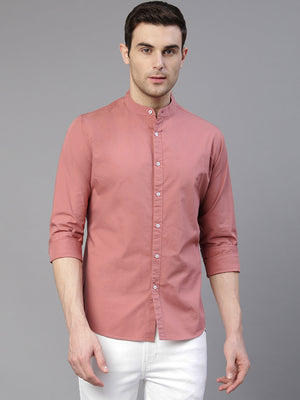 Dennis Lingo Men's Solid Chinese Collar Dusty Pink Casual Shirt
