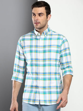 Men's Checkered Blue Slim Fit Oxford Cotton Casual Shirt With Button Down Collar & Full Sleeves