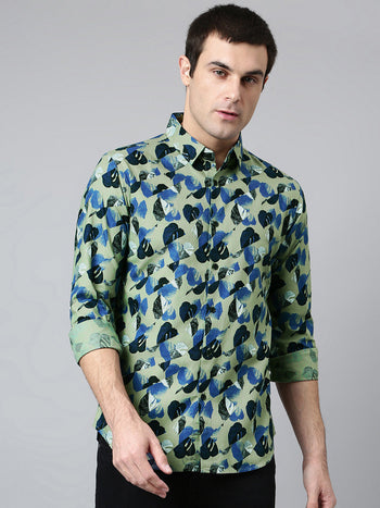 Men's Cotton Printed Blue Slim Fit Casual Shirt